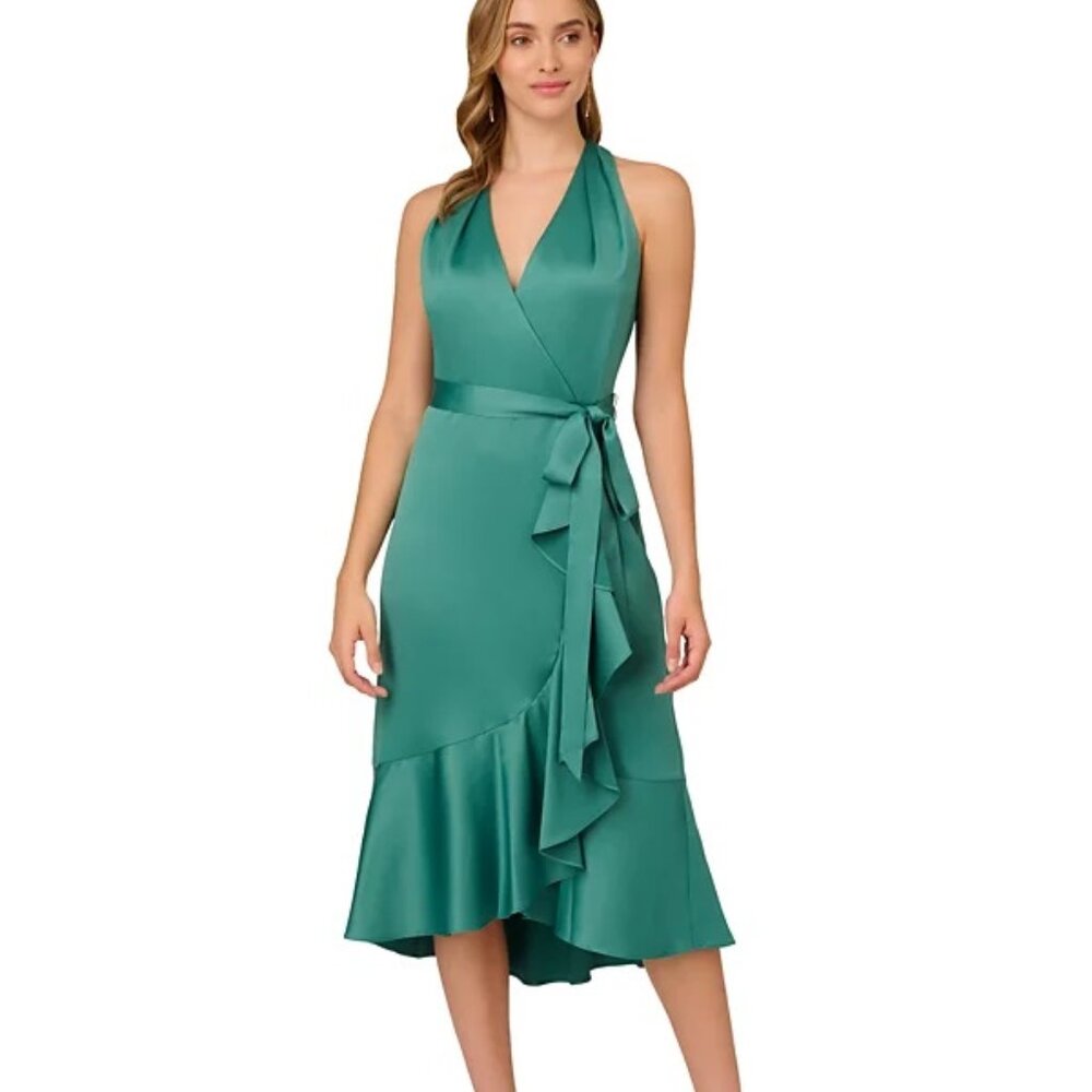 Adrianna Papell Women's Ruffled Faux-Wrap Midi Dress Jungle Green Size 10